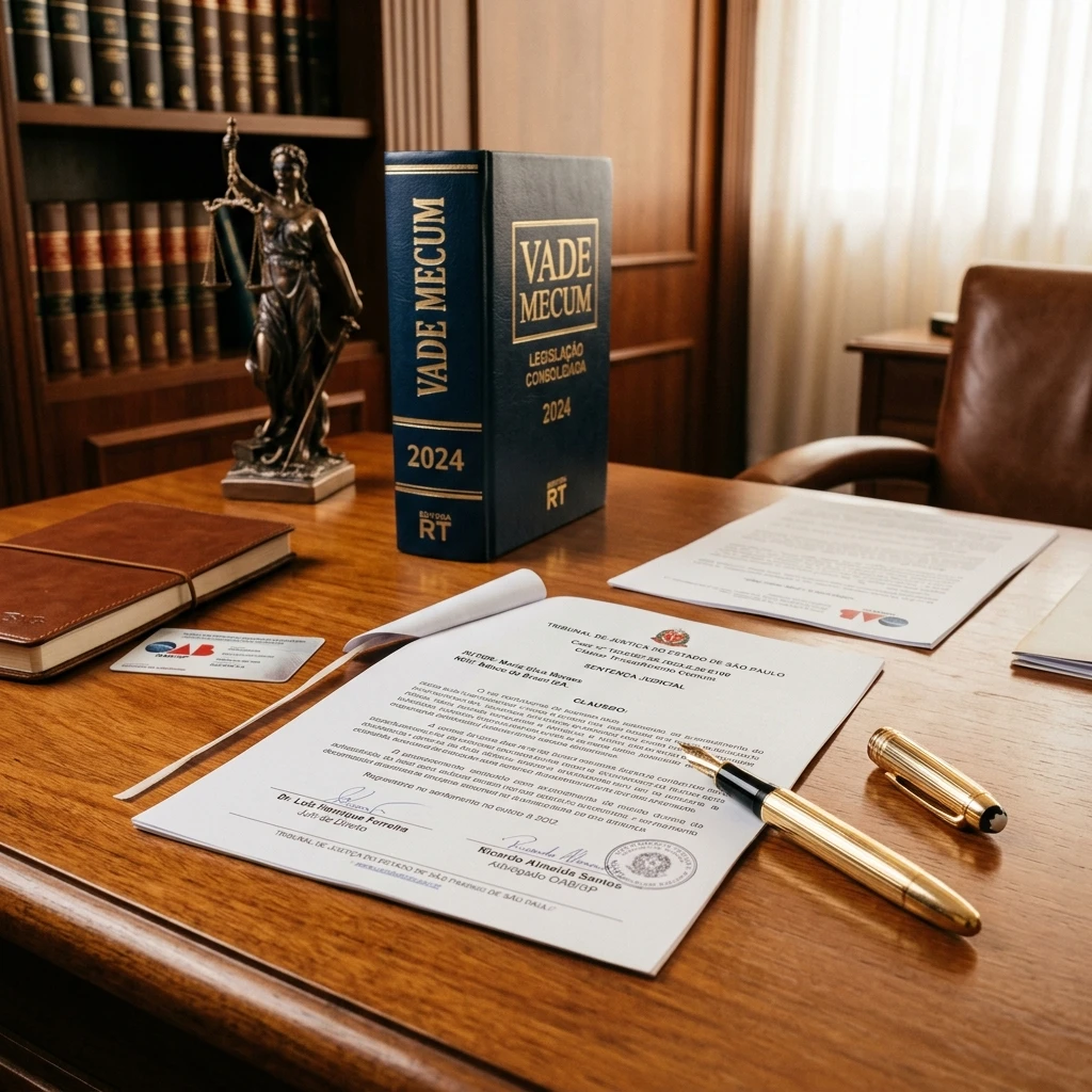 Documentos jurídicos brasileiros organizados sobre a mesa do escritório